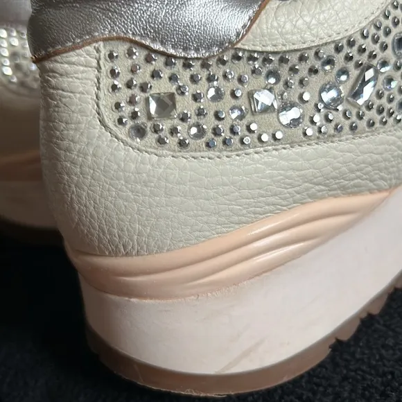 Loriblu Italian Leather Ivory Sparkle Sneakers with Crystal Embellishment 9.5