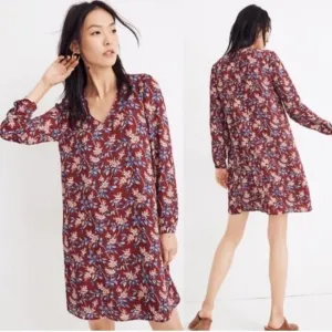Madewell Burgundy Red Antique Floral Long Sleeve V-Neck Button-Back Shift Dress
