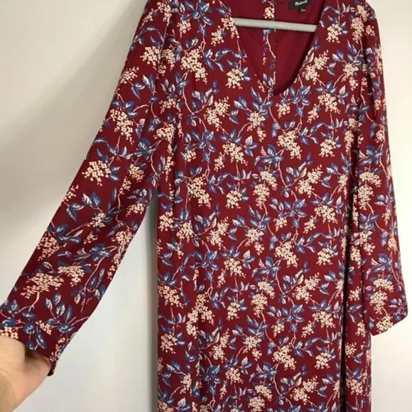 Madewell Burgundy Red Antique Floral Long Sleeve V-Neck Button-Back Shift Dress