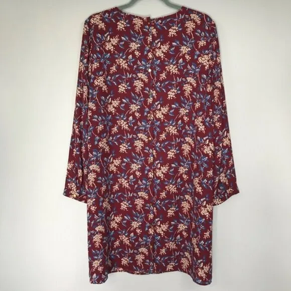 Madewell Burgundy Red Antique Floral Long Sleeve V-Neck Button-Back Shift Dress