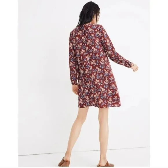 Madewell Burgundy Red Antique Floral Long Sleeve V-Neck Button-Back Shift Dress