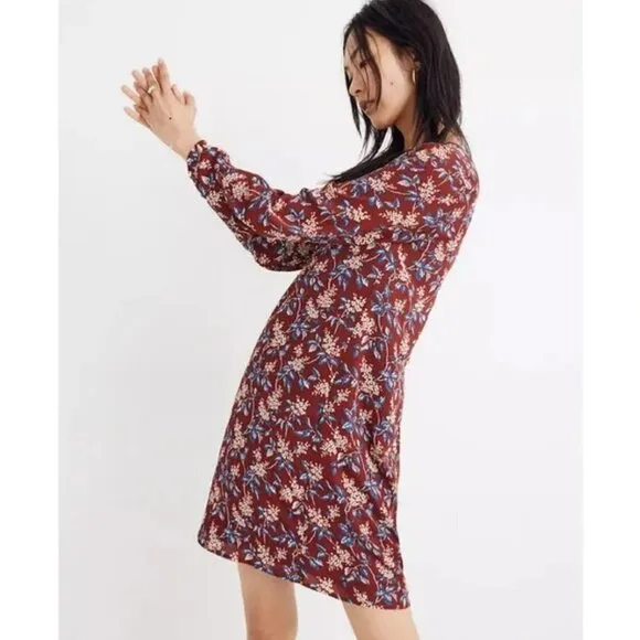 Madewell Burgundy Red Antique Floral Long Sleeve V-Neck Button-Back Shift Dress