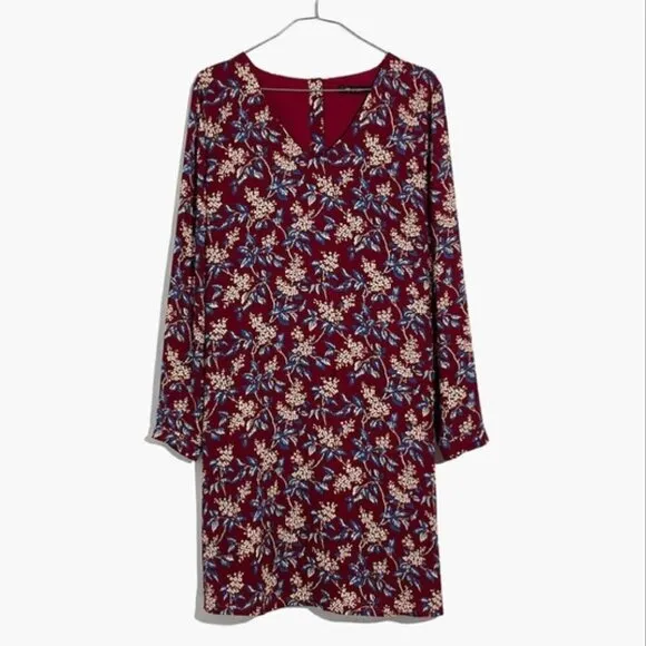 Madewell Burgundy Red Antique Floral Long Sleeve V-Neck Button-Back Shift Dress