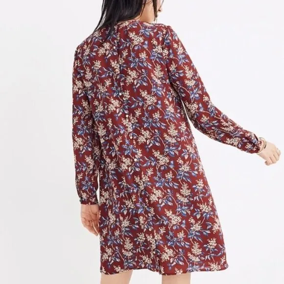 Madewell Burgundy Red Antique Floral Long Sleeve V-Neck Button-Back Shift Dress