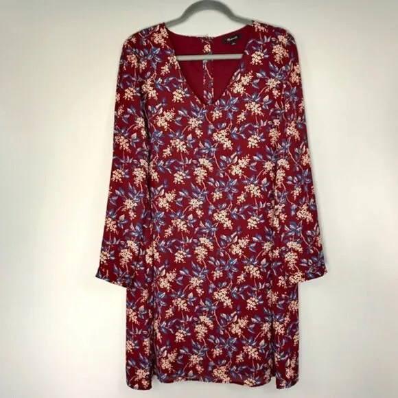 Madewell Burgundy Red Antique Floral Long Sleeve V-Neck Button-Back Shift Dress
