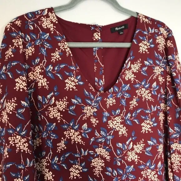 Madewell Burgundy Red Antique Floral Long Sleeve V-Neck Button-Back Shift Dress
