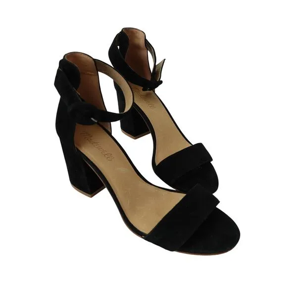 Madewell Womens The Regina Ankle-Strap Sandal Suede Leather Heels Black Size 7