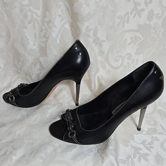 Manolo Blahnik Black Leather Open Peep Toe Silver Metal Heel Shoes Heels