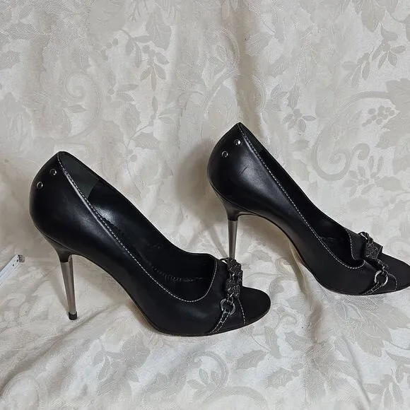 Manolo Blahnik Black Leather Open Peep Toe Silver Metal Heel Shoes Heels