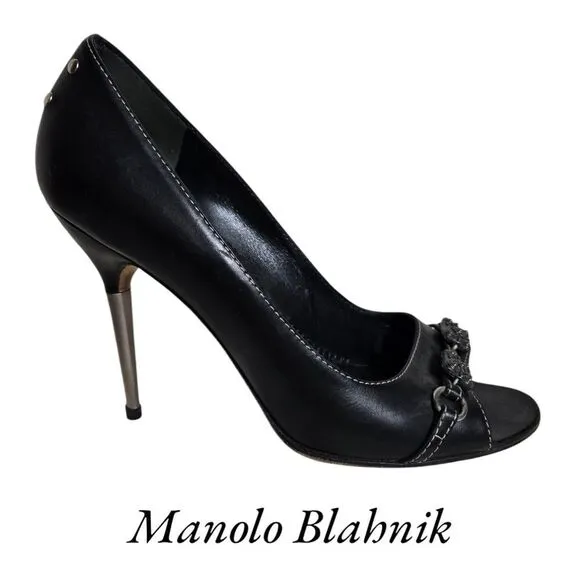 Manolo Blahnik Black Leather Open Peep Toe Silver Metal Heel Shoes Heels