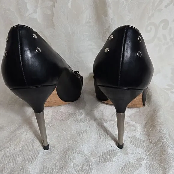 Manolo Blahnik Black Leather Open Peep Toe Silver Metal Heel Shoes Heels