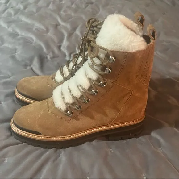 Marc Fisher LTD Izzie Genuine Shearling Lug Sole Boot Brown Suede Camel 7.5 NIB