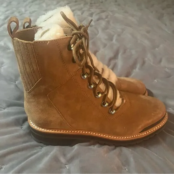 Marc Fisher LTD Izzie Genuine Shearling Lug Sole Boot Brown Suede Camel 7.5 NIB