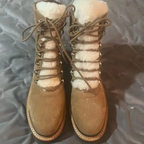 Marc Fisher LTD Izzie Genuine Shearling Lug Sole Boot Brown Suede Camel 7.5 NIB