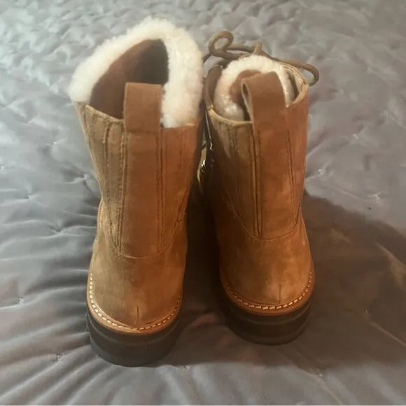 Marc Fisher LTD Izzie Genuine Shearling Lug Sole Boot Brown Suede Camel 7.5 NIB
