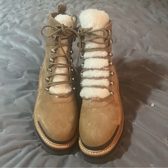 Marc Fisher LTD Izzie Genuine Shearling Lug Sole Boot Brown Suede Camel 7.5 NIB