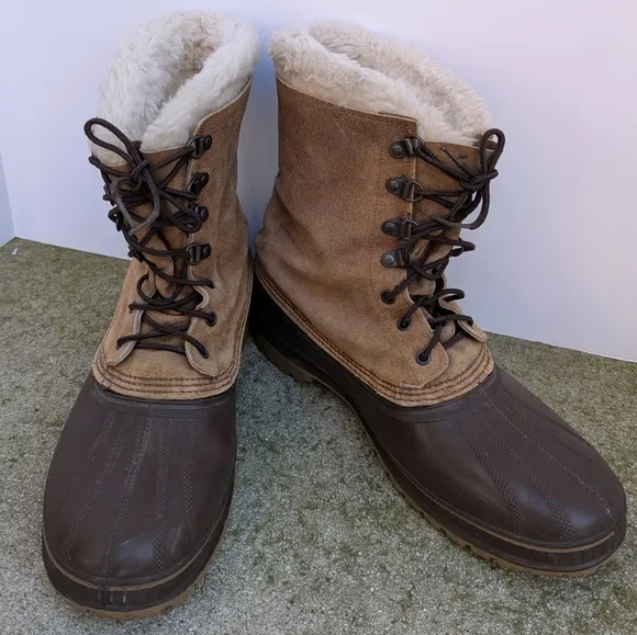 Men's Sorel Size 12 Brown and Tan Winter Boots With Fur Lining Leather &amp; Rubber