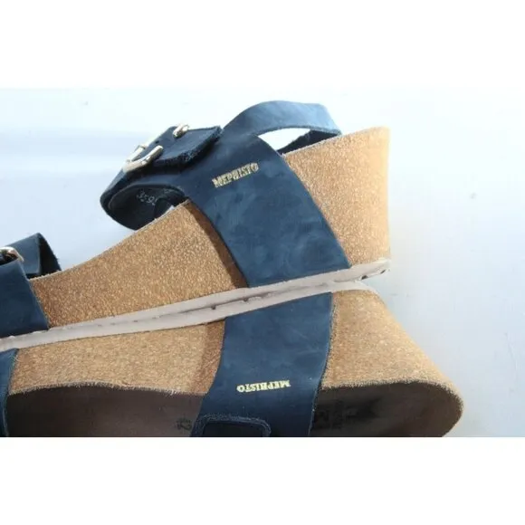 Mephisto LISSANDRA Wedge Sandals Shoes Leather Women's Navy Blue Sz 42 Us 12