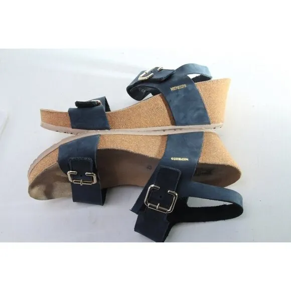 Mephisto LISSANDRA Wedge Sandals Shoes Leather Women's Navy Blue Sz 42 Us 12