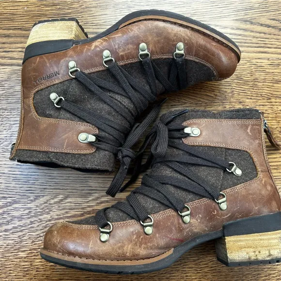 MERRELL Shiloh II Warm Leather Ankle Boots Booties Lace Up Heeled Distressed 8