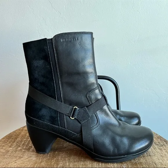 Merrell Women's Evera Fade Black Leather Heeled Boots Size 10