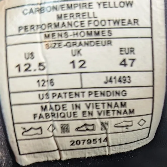MERRELL WATERPRO MAIPO CARBON YELLOW Hiking shoes.J4149 men's sz 12.5High grip
