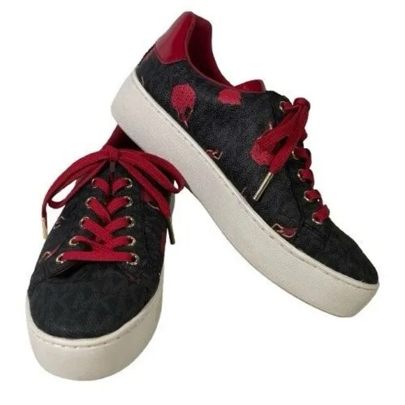 Michael Kors Poppy Lace Up Mini MK Logo Sneakers Shoes Sz 6 M Red Dancing Ladies