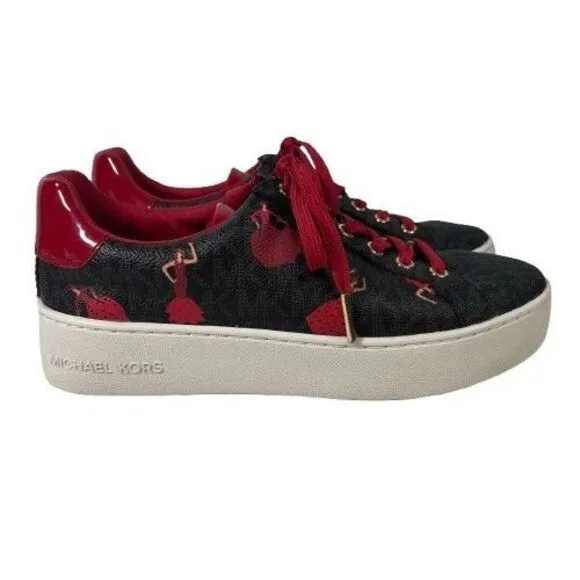 Michael Kors Poppy Lace Up Mini MK Logo Sneakers Shoes Sz 6 M Red Dancing Ladies