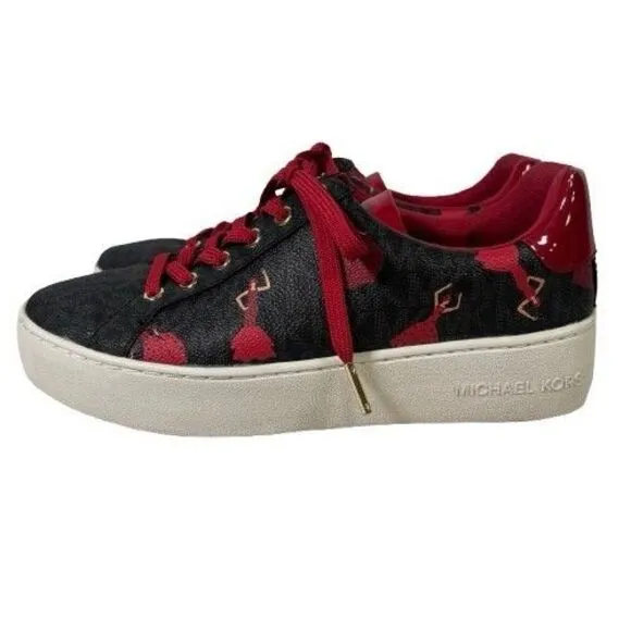 Michael Kors Poppy Lace Up Mini MK Logo Sneakers Shoes Sz 6 M Red Dancing Ladies