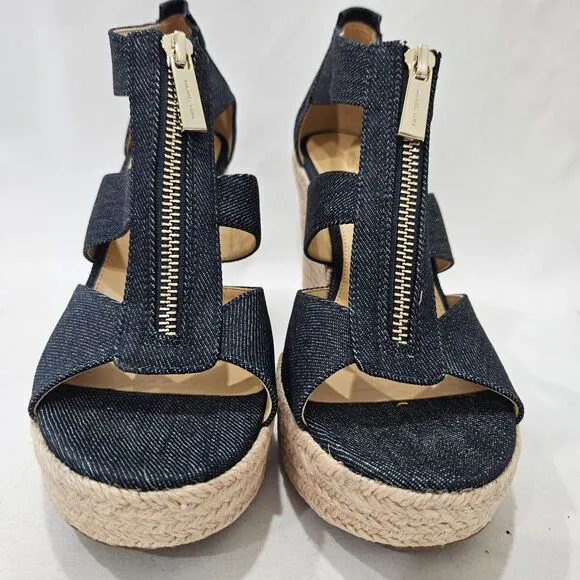 Michael Kors Womens Denim Woven Wedge Sandals Size 8 Zip Accents Boho Summer