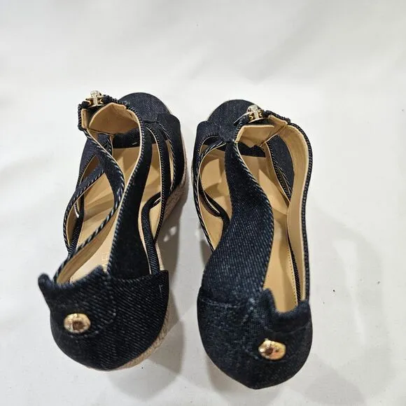 Michael Kors Womens Denim Woven Wedge Sandals Size 8 Zip Accents Boho Summer