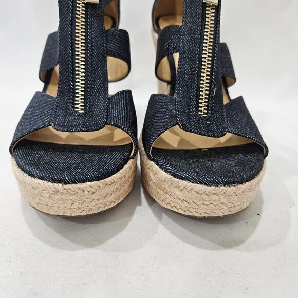 Michael Kors Womens Denim Woven Wedge Sandals Size 8 Zip Accents Boho Summer