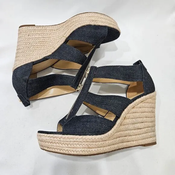 Michael Kors Womens Denim Woven Wedge Sandals Size 8 Zip Accents Boho Summer
