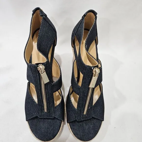 Michael Kors Womens Denim Woven Wedge Sandals Size 8 Zip Accents Boho Summer