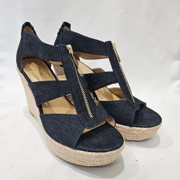Michael Kors Womens Denim Woven Wedge Sandals Size 8 Zip Accents Boho Summer