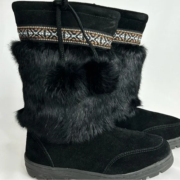 Minnetonka Moccasin Black Suede and Rabbit Fur Women’s Boots Size 8