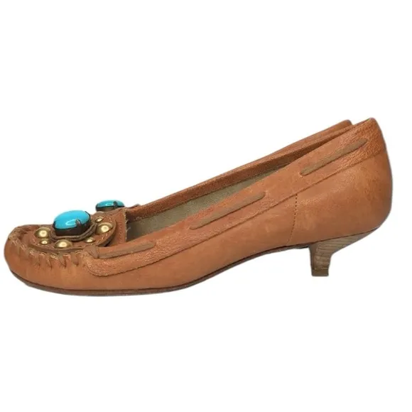 Miu Miu Womens 37 equals 6 1/2 US Brown Loafers Shoes Tan Leather Turquoise Heel