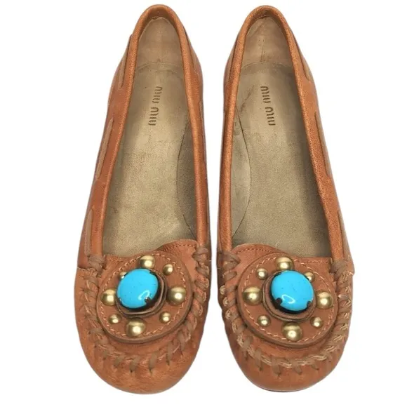 Miu Miu Womens 37 equals 6 1/2 US Brown Loafers Shoes Tan Leather Turquoise Heel