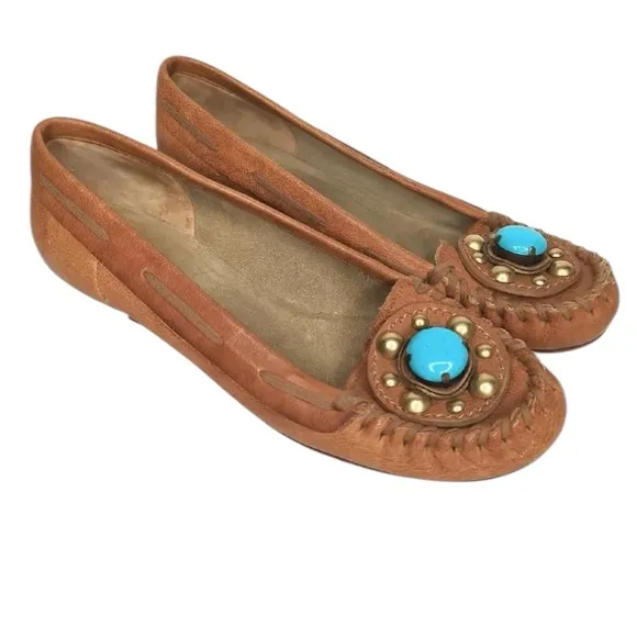 Miu Miu Womens 37 equals 6 1/2 US Brown Loafers Shoes Tan Leather Turquoise Heel