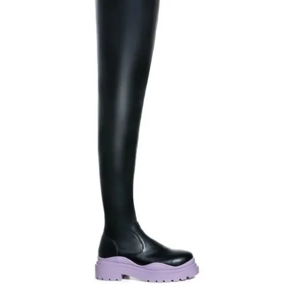 Miz Stretch Chelsea: High Rise Periwinkle Lilac Thigh High Chunky Boot 7.5 8