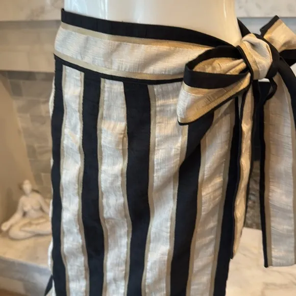 Monoplaza Linen Blend Ivory Gold &amp; Black Striped Wrap Midi Skirt