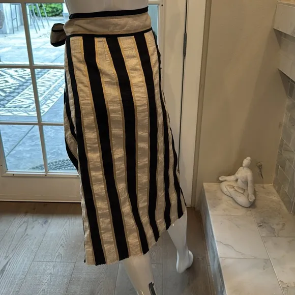 Monoplaza Linen Blend Ivory Gold &amp; Black Striped Wrap Midi Skirt