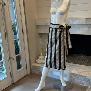 Monoplaza Linen Blend Ivory Gold &amp; Black Striped Wrap Midi Skirt