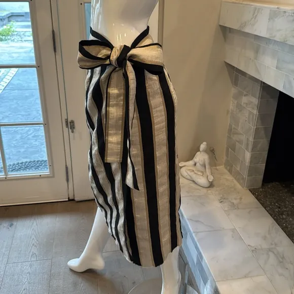 Monoplaza Linen Blend Ivory Gold &amp; Black Striped Wrap Midi Skirt