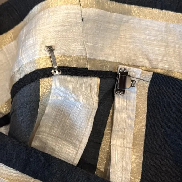 Monoplaza Linen Blend Ivory Gold &amp; Black Striped Wrap Midi Skirt