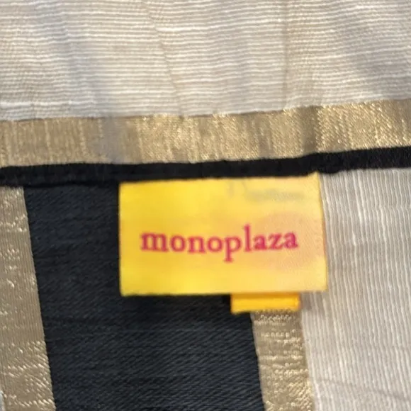 Monoplaza Linen Blend Ivory Gold &amp; Black Striped Wrap Midi Skirt