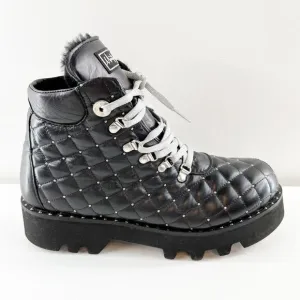 Montelliana Fur Lined Leather Studded Quilted Ankle Combat Boots Black 8.5