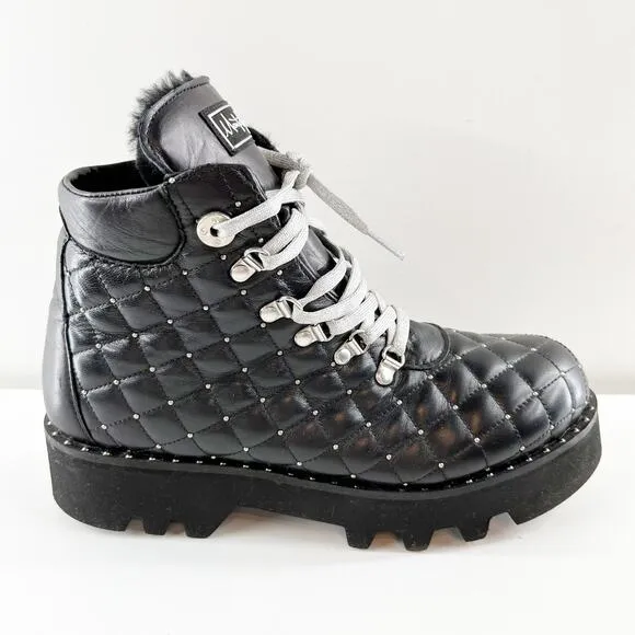 Montelliana Fur Lined Leather Studded Quilted Ankle Combat Boots Black 8.5