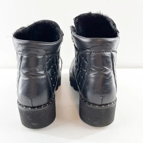 Montelliana Fur Lined Leather Studded Quilted Ankle Combat Boots Black 8.5