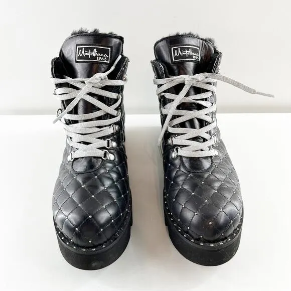 Montelliana Fur Lined Leather Studded Quilted Ankle Combat Boots Black 8.5